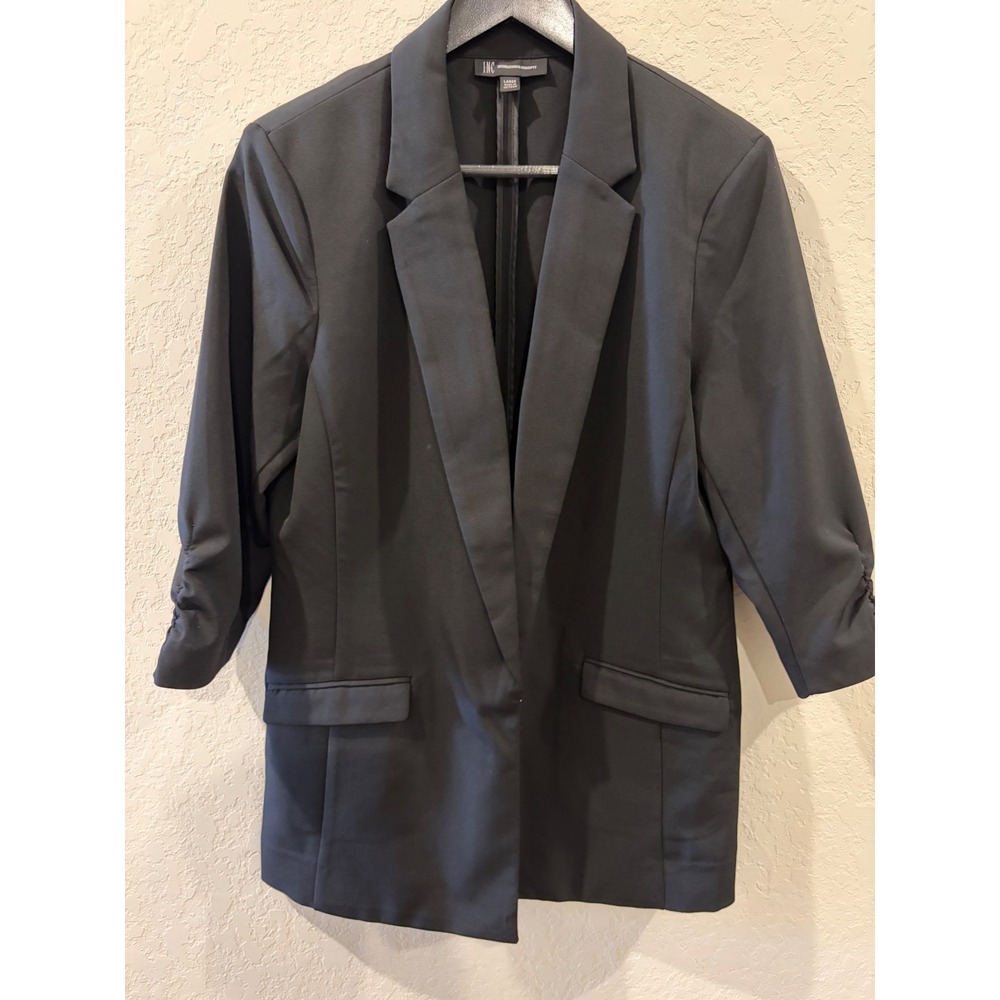 INC International Concepts Black Ruched 3/4 Sleeve Open Front Blazer Large